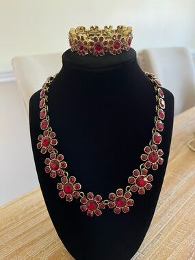 Gold-Tone Red Floral Statement Necklace , Bracelet and earrings Set
